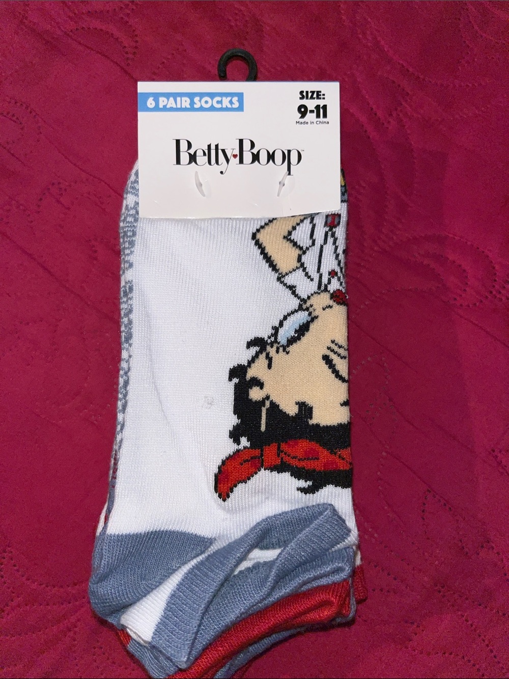 Betty Boop White Socks with Red Bow and Gray Accents - 6 Pair